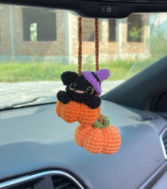 Crochet Black Cat And Pumpkin Halloween Rear View Mirror Accessories Decoration, Black Cat Plushie, Pumpkin Fall Car Decor, Halloween Gift