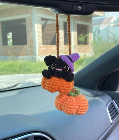 Crochet Black Cat And Pumpkin Halloween Rear View Mirror Accessories Decoration, Black Cat Plushie, Pumpkin Fall Car Decor, Halloween Gift