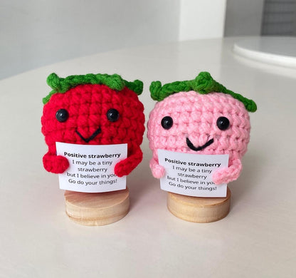 Funny Positive Strawberry, Knitted Strawberry Toy With Positive Card, Cute Wool Inspirational Strawberry Crochet Fruit Doll Cheer Up Gifts