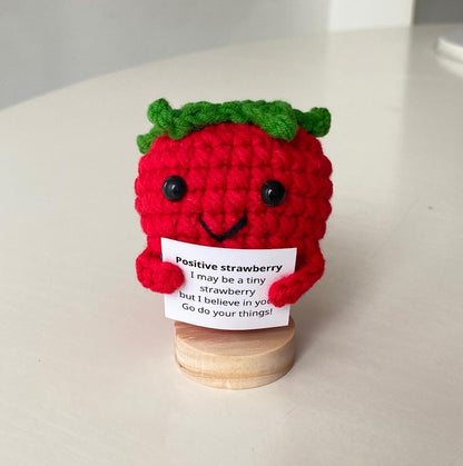 Funny Positive Strawberry, Knitted Strawberry Toy With Positive Card, Cute Wool Inspirational Strawberry Crochet Fruit Doll Cheer Up Gifts