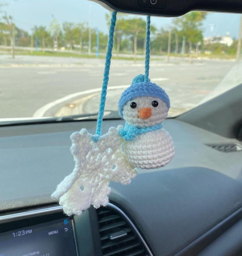 Crochet Snowman And Snowflake Car Charm, Cute Snowman Snowflake Rear View Mirror Ornament, Christmas Car Decor, Christmas Gift