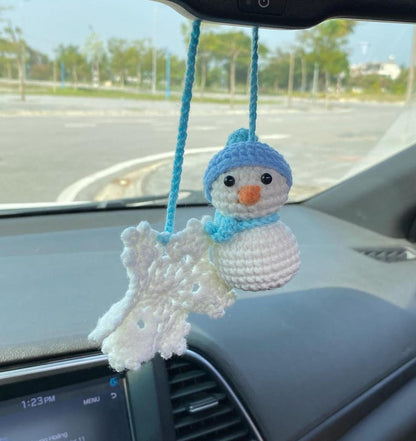 Crochet Snowman And Snowflake Car Charm, Cute Snowman Snowflake Rear View Mirror Ornament, Christmas Car Decor, Christmas Gift