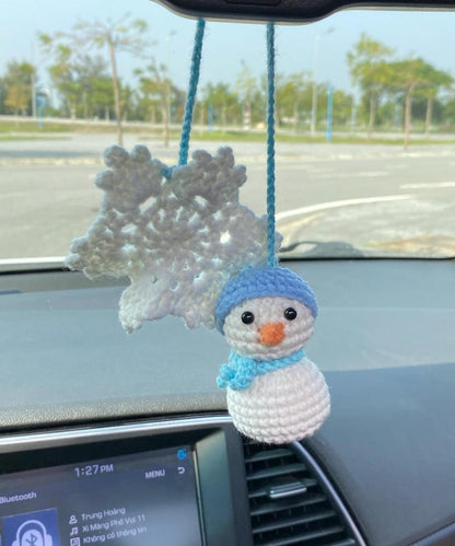 Crochet Snowman And Snowflake Car Charm, Cute Snowman Snowflake Rear View Mirror Ornament, Christmas Car Decor, Christmas Gift