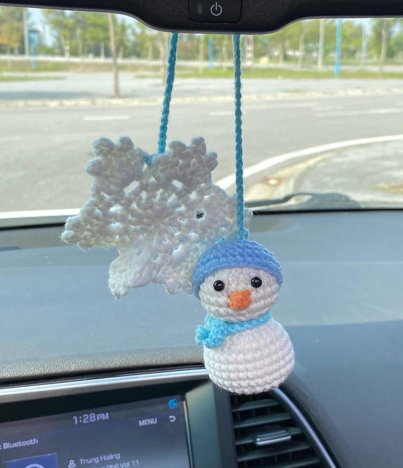Crochet Snowman And Snowflake Car Charm, Cute Snowman Snowflake Rear View Mirror Ornament, Christmas Car Decor, Christmas Gift