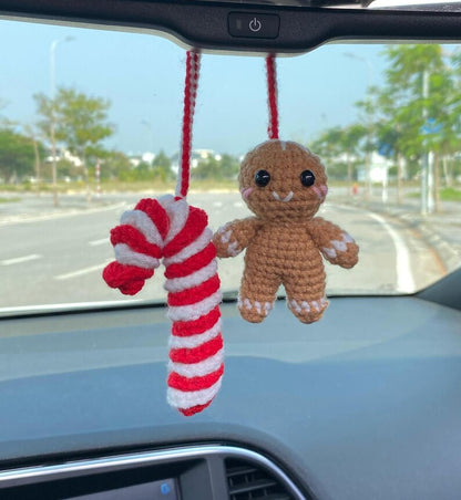Crochet Gingerbread And Candy Cane Car Charm, Cute Gingerbread Candy Cane Rear View Mirror Ornament, Christmas Car Decor Accessories