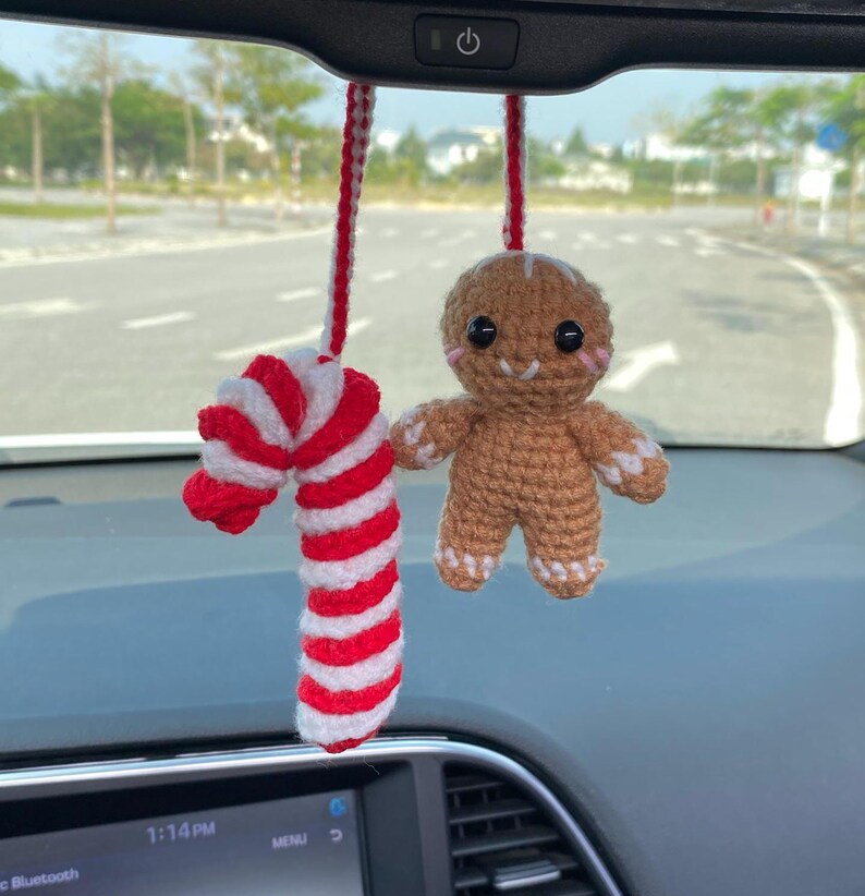 Crochet Gingerbread And Candy Cane Car Charm, Cute Gingerbread Candy Cane Rear View Mirror Ornament, Christmas Car Decor Accessories