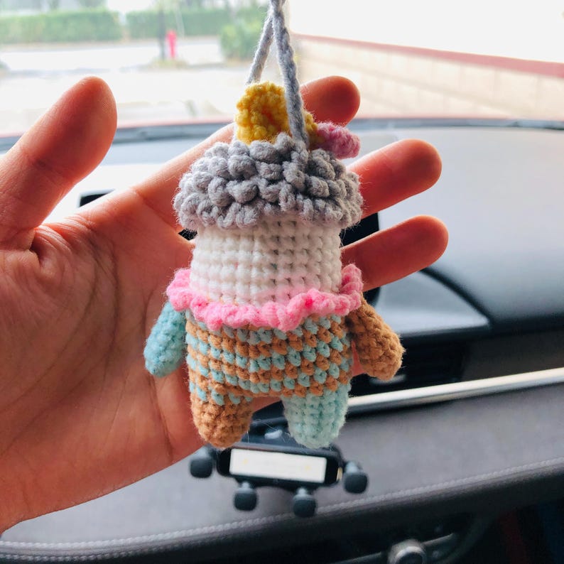 Cute Joker Car Mirror Hanging Interior Rear View Mirror Flower Car Accessories Crochet animal Toy for Women
