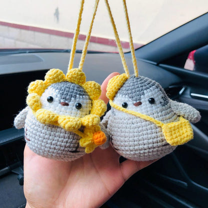 Cute Penguin Car Mirror Hanging Interior Rear View Mirror Flower Car Accessories Crochet animal Toy for Women