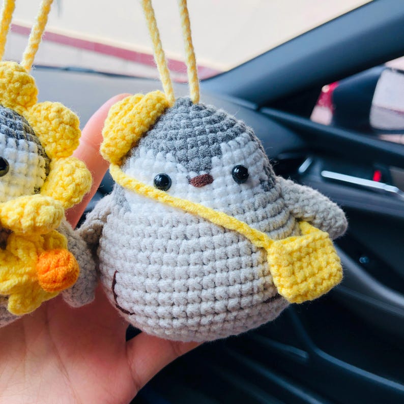 Cute Penguin Car Mirror Hanging Interior Rear View Mirror Flower Car Accessories Crochet animal Toy for Women