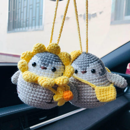 Cute Penguin Car Mirror Hanging Interior Rear View Mirror Flower Car Accessories Crochet animal Toy for Women