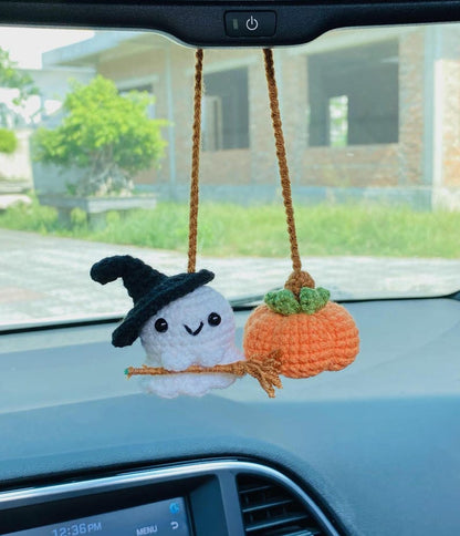 Crochet Ghost Holding Witch Broomstick Car Accessories, Pumpkin Car Accessories, Car Mirror Hanger, Fall Car Ornaments, Halloween Car Decor