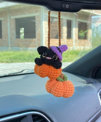 Crochet Black Cat And Pumpkin Halloween Rear View Mirror Accessories Decoration, Black Cat Plushie, Pumpkin Fall Car Decor, Halloween Gift