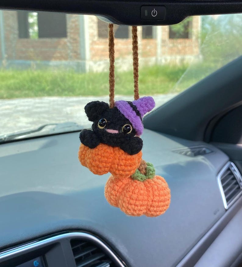 Crochet Black Cat And Pumpkin Halloween Rear View Mirror Accessories Decoration, Black Cat Plushie, Pumpkin Fall Car Decor, Halloween Gift