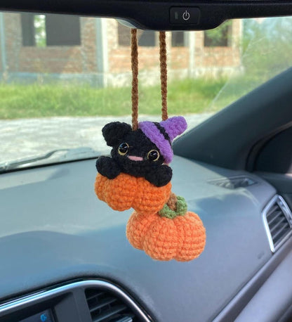 Crochet Black Cat And Pumpkin Halloween Rear View Mirror Accessories Decoration, Black Cat Plushie, Pumpkin Fall Car Decor, Halloween Gift