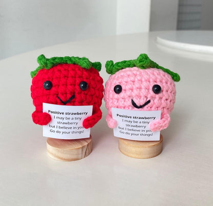 Funny Positive Strawberry, Knitted Strawberry Toy With Positive Card, Cute Wool Inspirational Strawberry Crochet Fruit Doll Cheer Up Gifts