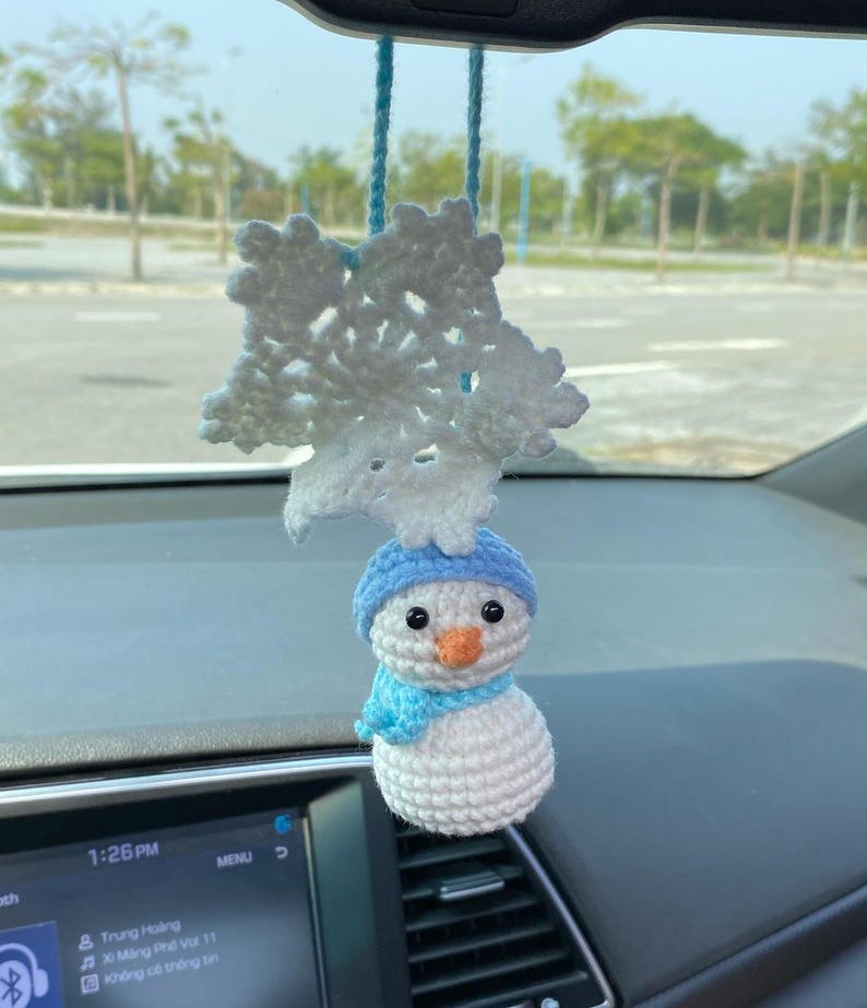 Crochet Snowman And Snowflake Car Charm, Cute Snowman Snowflake Rear View Mirror Ornament, Christmas Car Decor, Christmas Gift