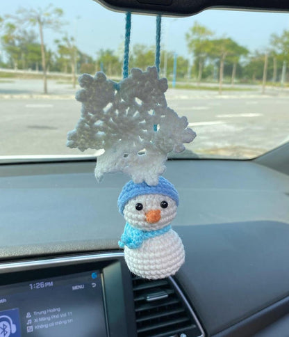 Crochet Snowman And Snowflake Car Charm, Cute Snowman Snowflake Rear View Mirror Ornament, Christmas Car Decor, Christmas Gift