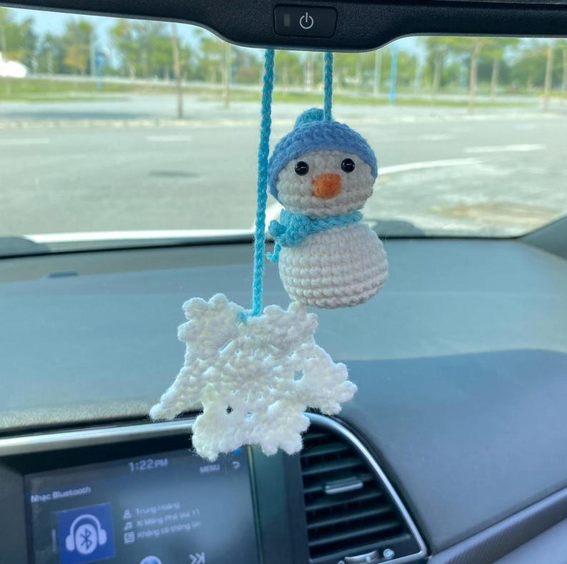 Crochet Snowman And Snowflake Car Charm, Cute Snowman Snowflake Rear View Mirror Ornament, Christmas Car Decor, Christmas Gift