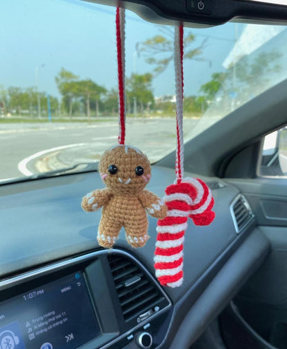 Crochet Gingerbread And Candy Cane Car Charm, Cute Gingerbread Candy Cane Rear View Mirror Ornament, Christmas Car Decor Accessories