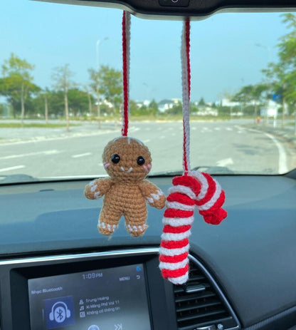 Crochet Gingerbread And Candy Cane Car Charm, Cute Gingerbread Candy Cane Rear View Mirror Ornament, Christmas Car Decor Accessories