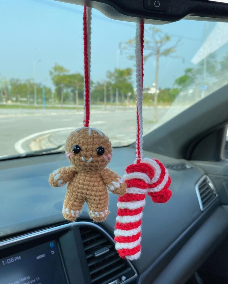 Crochet Gingerbread And Candy Cane Car Charm, Cute Gingerbread Candy Cane Rear View Mirror Ornament, Christmas Car Decor Accessories