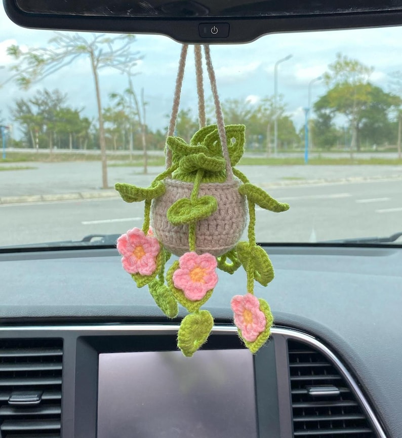 Crochet Car Hanging Monstera Plant Rearview Mirror Decoration Succulent Hanging Plant Car Accessory Gift for Mom Her Women Birthday Gift