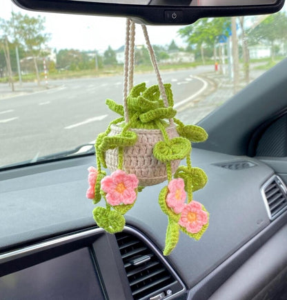 Crochet Car Hanging Monstera Plant Rearview Mirror Decoration Succulent Hanging Plant Car Accessory Gift for Mom Her Women Birthday Gift