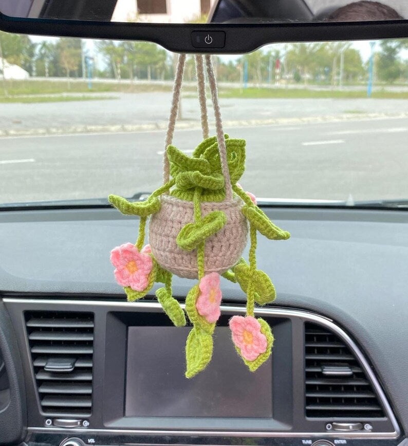 Crochet Car Hanging Monstera Plant Rearview Mirror Decoration Succulent Hanging Plant Car Accessory Gift for Mom Her Women Birthday Gift