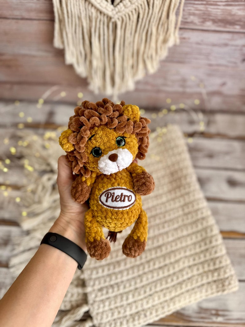 Personalized Lion Decor, Custom Name Crochet Lion Ornament, Safari Animal Collectible, Handmade Shelf Decor, Lion Lover Gift