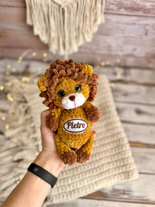 Personalized Lion Decor, Custom Name Crochet Lion Ornament, Safari Animal Collectible, Handmade Shelf Decor, Lion Lover Gift