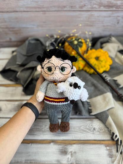Harry Wizard with Owl Crochet Decor Keepsake, Magical Shelf Decoration, Christmas Gift