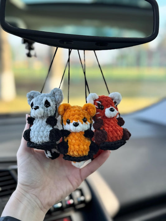 Car charms rear view mirror, crochet car mirror hanger fox raccoon red panda, first car gift