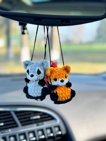 Car charms rear view mirror, crochet car mirror hanger fox raccoon red panda, first car gift