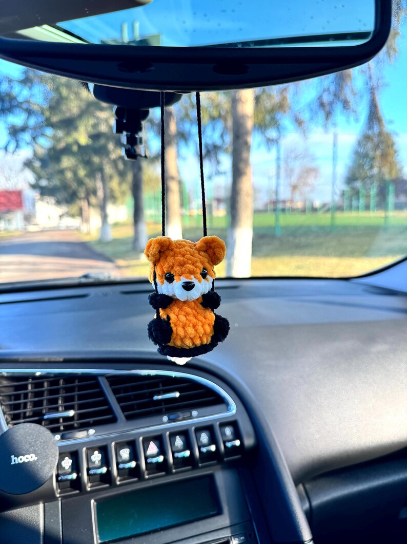 Car charms rear view mirror, crochet car mirror hanger fox raccoon red panda, first car gift