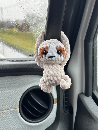 Mini crochet hanging sloth with clip hands, sloth bag charm, desk buddy, crochet car hanger