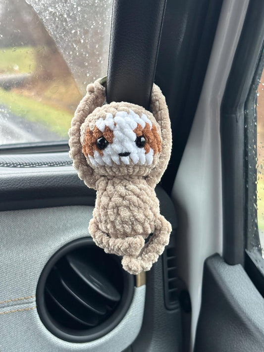 Mini crochet hanging sloth with clip hands, sloth bag charm, desk buddy, crochet car hanger