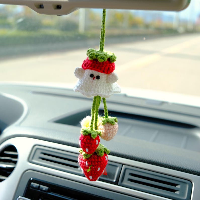 Crochet Ghost Car Mirror Hanging, Kawaii Strawberry & Mushroom Car Rearview Charm, Spooky Cute Halloween Car Accessories