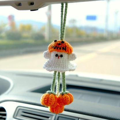 Crochet Ghost Car Mirror Hanging, Kawaii Strawberry & Mushroom Car Rearview Charm, Spooky Cute Halloween Car Accessories