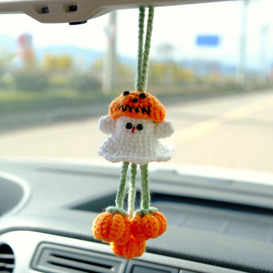 Crochet Ghost Car Mirror Hanging, Kawaii Strawberry & Mushroom Car Rearview Charm, Spooky Cute Halloween Car Accessories