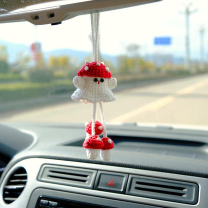 Crochet Ghost Car Mirror Hanging, Kawaii Strawberry & Mushroom Car Rearview Charm, Spooky Cute Halloween Car Accessories
