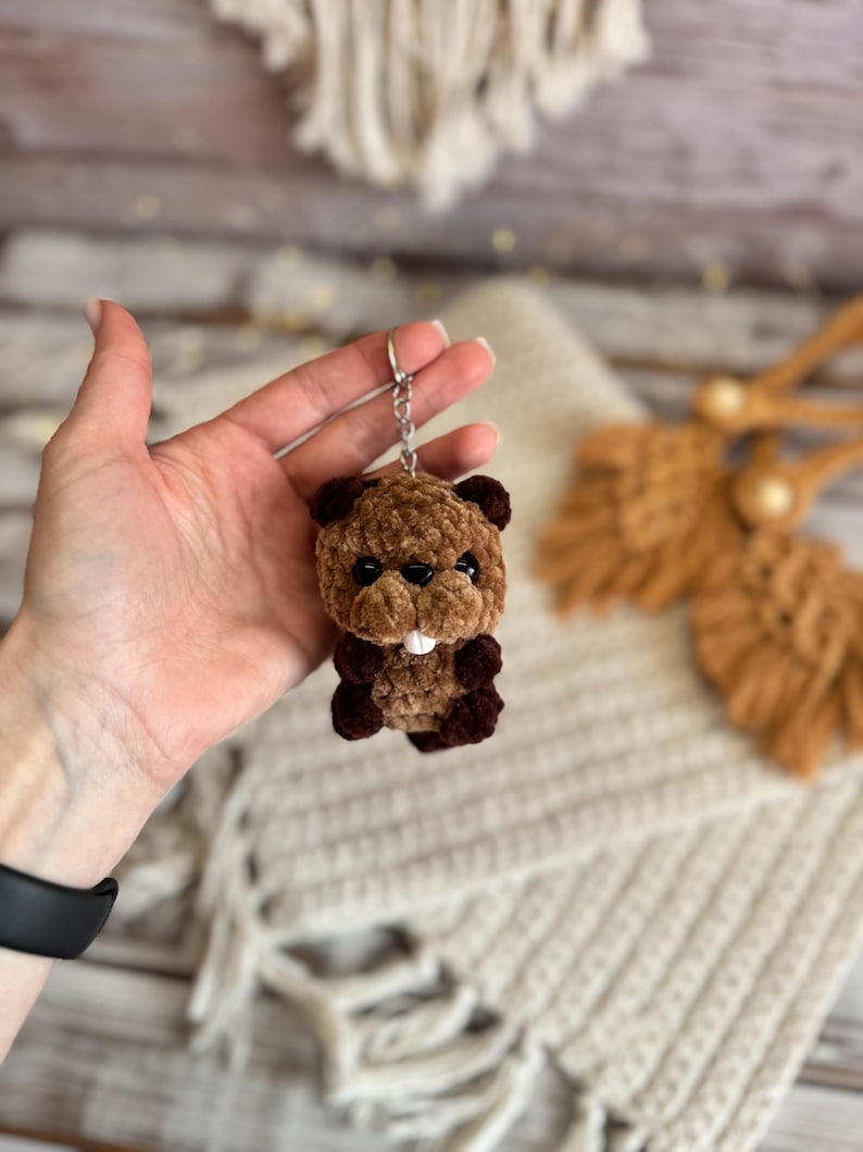 Car charms rear view mirror hanger Crochet beaver keychain bag charm, car decor accessory, first car gift