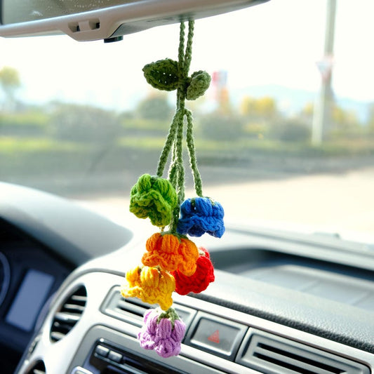 Crochet Rainbow Lily of the Valley Car Mirror Hanging - Handmade Boho Car Decor
