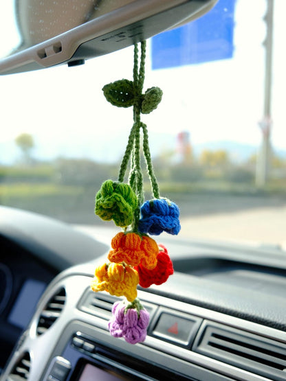 Crochet Rainbow Lily of the Valley Car Mirror Hanging - Handmade Boho Car Decor