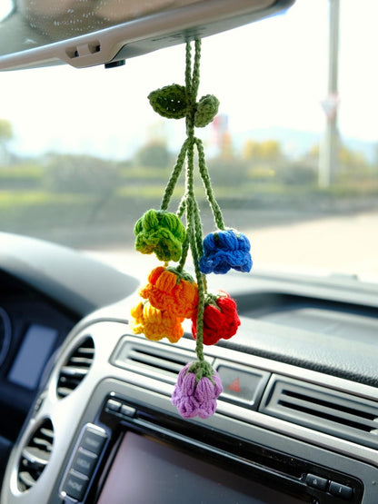 Crochet Rainbow Lily of the Valley Car Mirror Hanging - Handmade Boho Car Decor