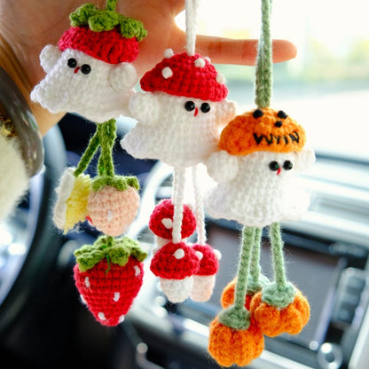 Crochet Ghost Car Mirror Hanging, Kawaii Strawberry & Mushroom Car Rearview Charm, Spooky Cute Halloween Car Accessories