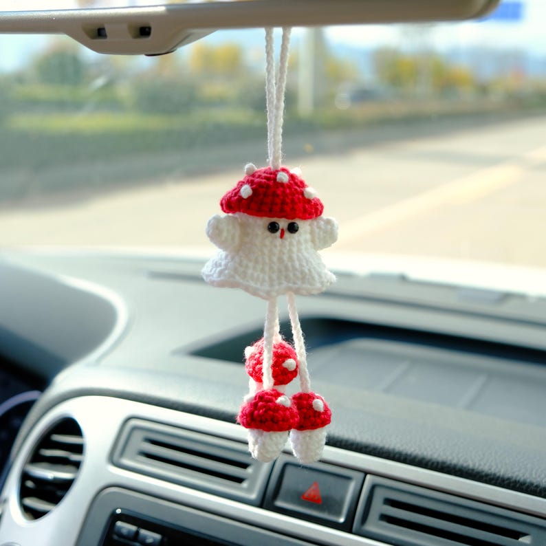 Crochet Ghost Car Mirror Hanging, Kawaii Strawberry & Mushroom Car Rearview Charm, Spooky Cute Halloween Car Accessories