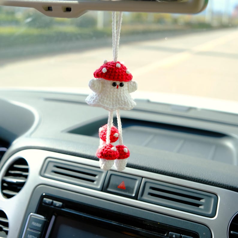 Crochet Ghost Car Mirror Hanging, Kawaii Strawberry & Mushroom Car Rearview Charm, Spooky Cute Halloween Car Accessories
