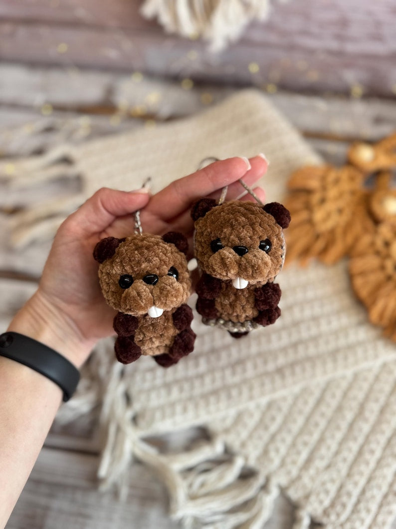 Car charms rear view mirror hanger Crochet beaver keychain bag charm, car decor accessory, first car gift