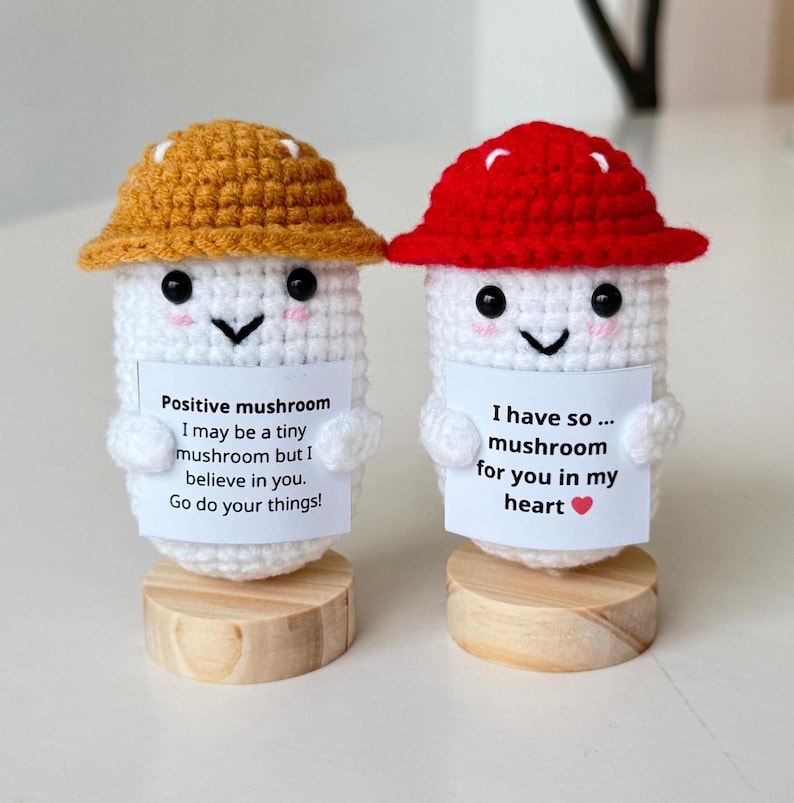 Positive Crochet Mushroom, Crochet Desk Buddy, Vegetable Supportive Motivation Gift, Birthday Gift, Coworker Gifts, Graduation Gift