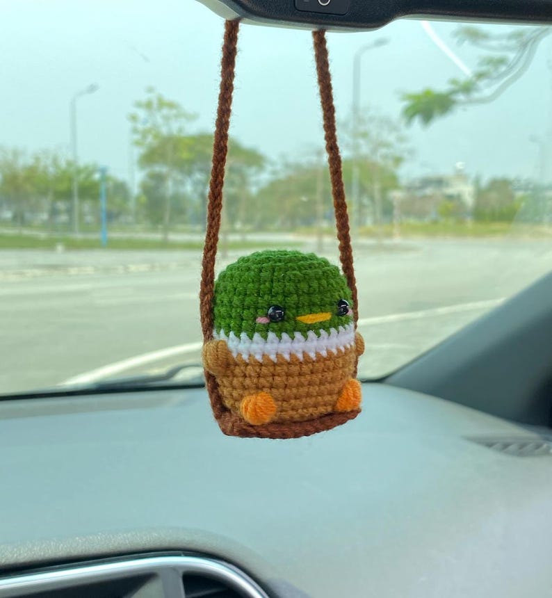 Cute Swinging Mallard Duck Car Mirror Hanging Accessories, Crochet Duckling Ornaments, New Car Gift, Gift For Him Her, Car Charm Decorations